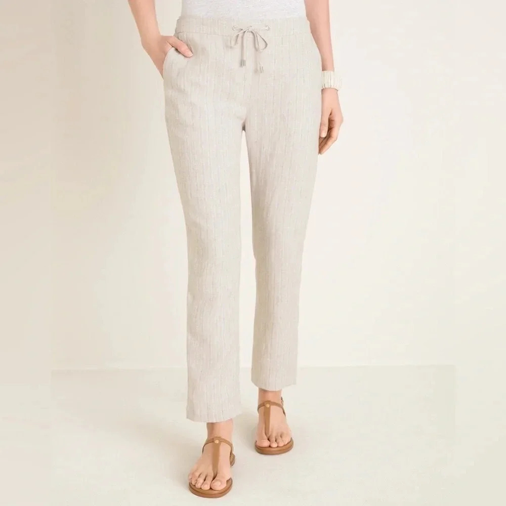 Chico’s Striped Linen Drawstring Pull On Ankle Pa… - image 1